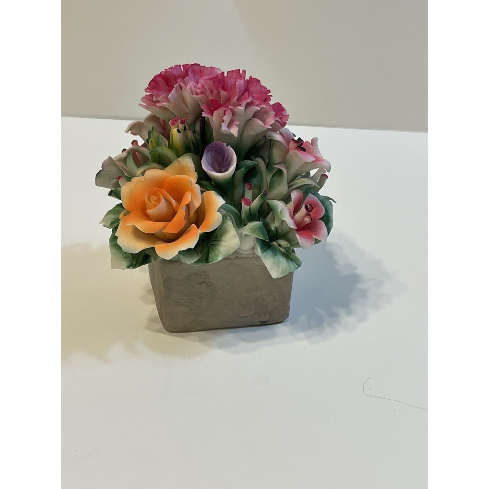 Porcelain Square Flower Pot with Vibrant Porcelain Flowers